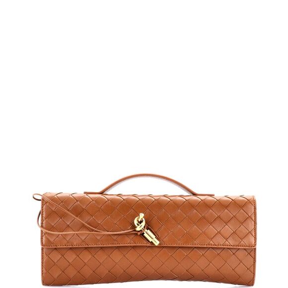 Bottega Veneta Handbags - Bottega Veneta Andiamo Top Handle Clutch Intrecciato Nappa Long Brown